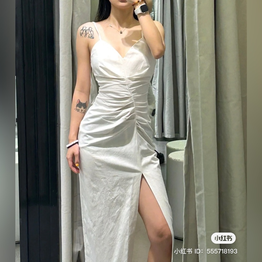 New with Tags Zara White Linen Blend Ruched Midi Dress with Slit Size S